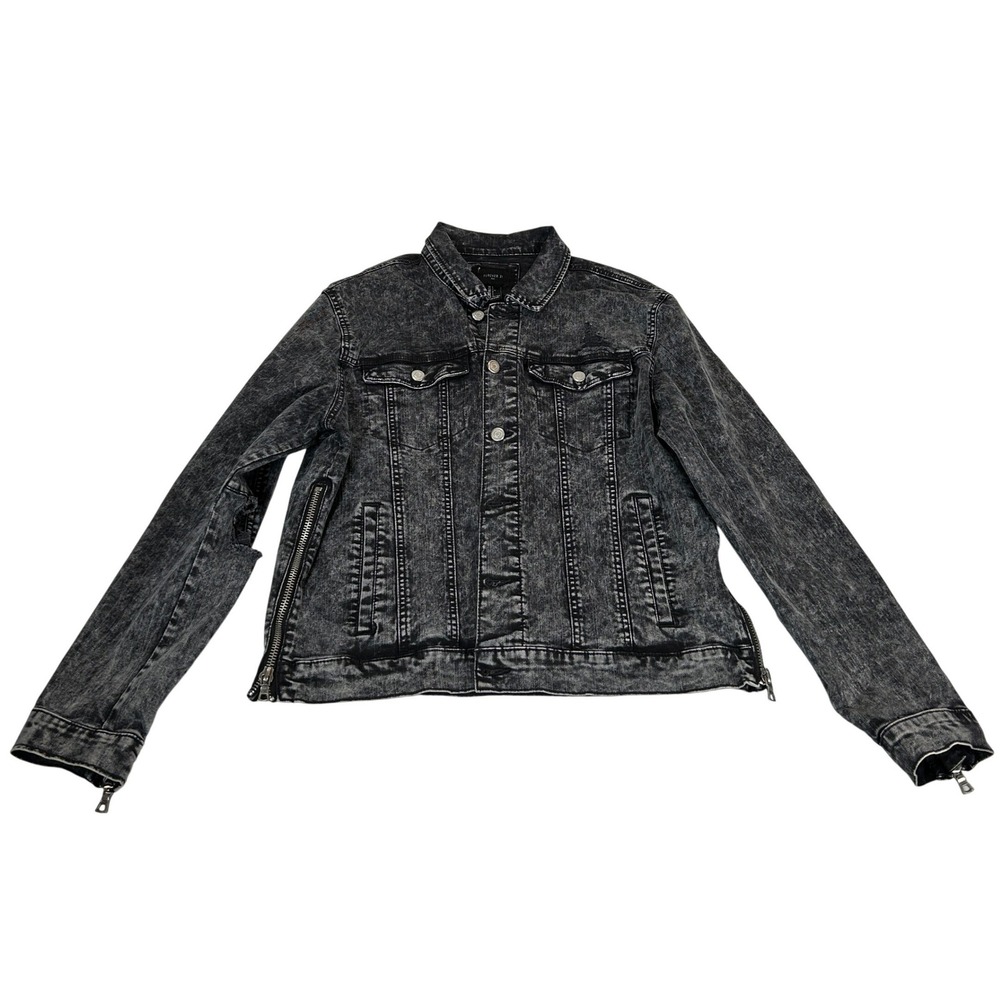 Forever 21 Men Black Acid Wash Distressed Denim Jacket Side Zippers Large